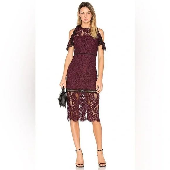 Alexis (Revolve) Evie Burgundy Lace Off Shoulder Midi Dress. Size XS. - Picture 3 of 17